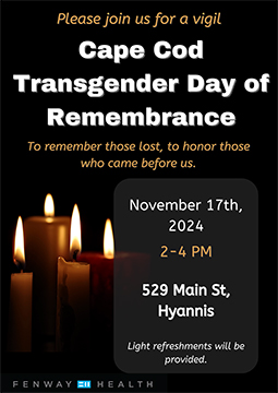 Graphic Promoting the Cape Cod Transgender Day of Remembrance Event from 2 to 4 PM on November 17 at 529 Main Street in Hyannis