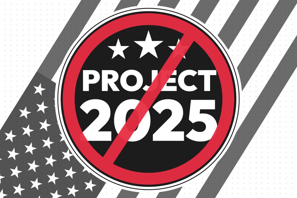 Slash through Project 2025 with United States flag in the backdrop