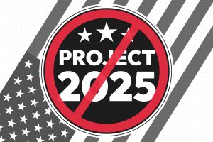 Slash through Project 2025 with United States flag in the backdrop