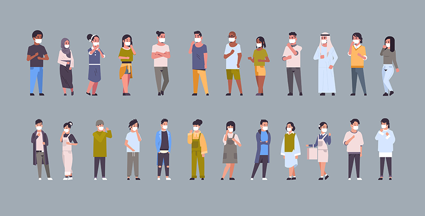 Illustration of different types of people wearing protective face masks