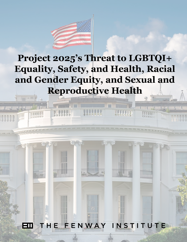 Project 2025’s Threat to LGBTQI+ Equality, Safety, and Health, Racial and Gender Equity, and Sexual and Reproductive Health Cover over a photo of the White House