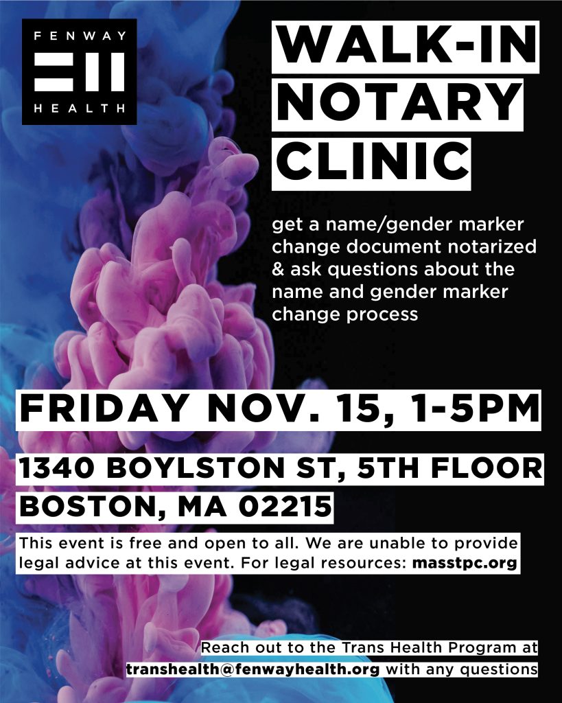 Flyer for Trans Health Program November 15 Notary Event