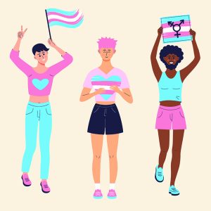 Illustration of three trans, non-binary, and gender diverse people with Transgender Pride-themed clothing and items