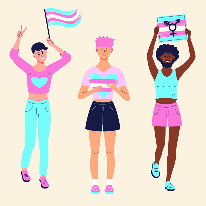 Illustration of three trans, non-binary, and gender diverse people with Transgender Pride-themed clothing and items