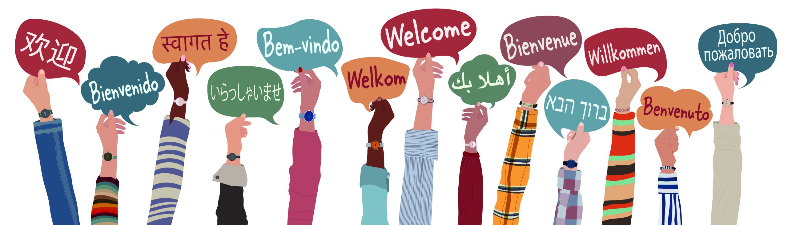 Raised arms and hands of multicultural people from different nations